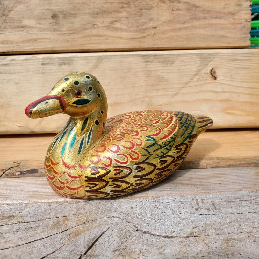 Vintage Hand-Painted Lacquer Duck Figurine, Gold Gilt, Colorful Feathers 6.5" L